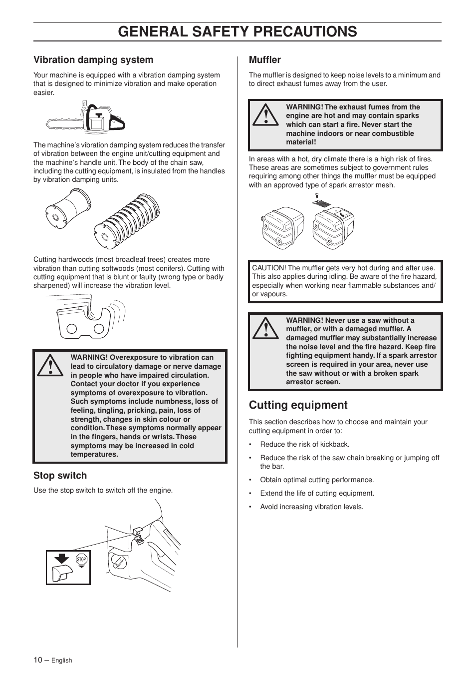 Vibration damping system, Stop switch, Muffler | Cutting equipment, General safety precautions | Jonsered CS 2141S User Manual | Page 10 / 40