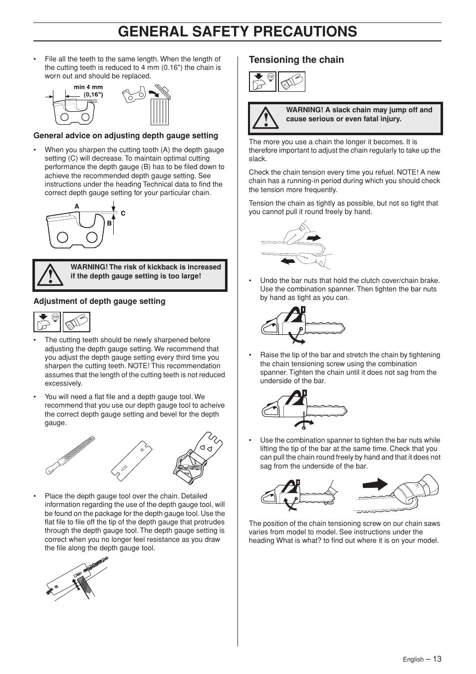 Tensioning the chain, General safety precautions | Jonsered CS 2141S User Manual | Page 13 / 40