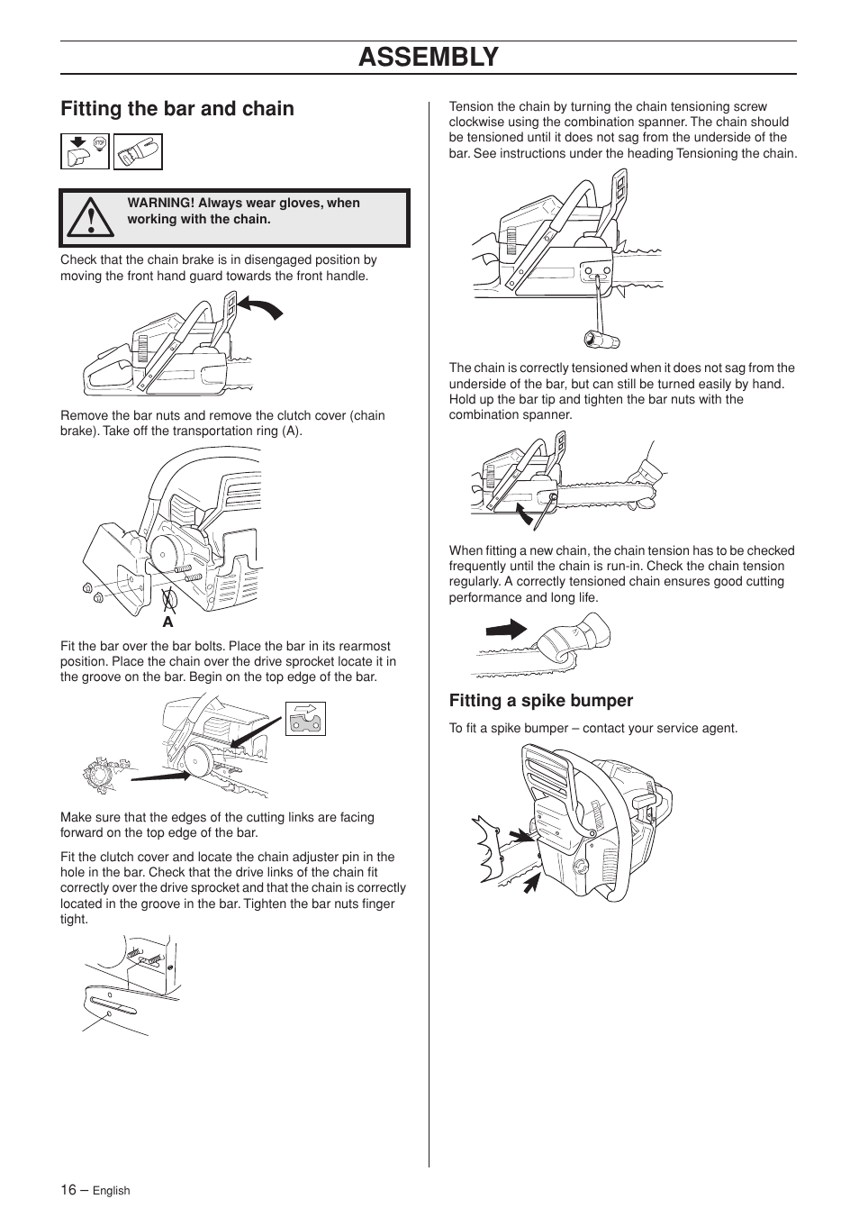Fitting the bar and chain, Fitting a spike bumper, Assembly | Jonsered CS 2141S User Manual | Page 16 / 40