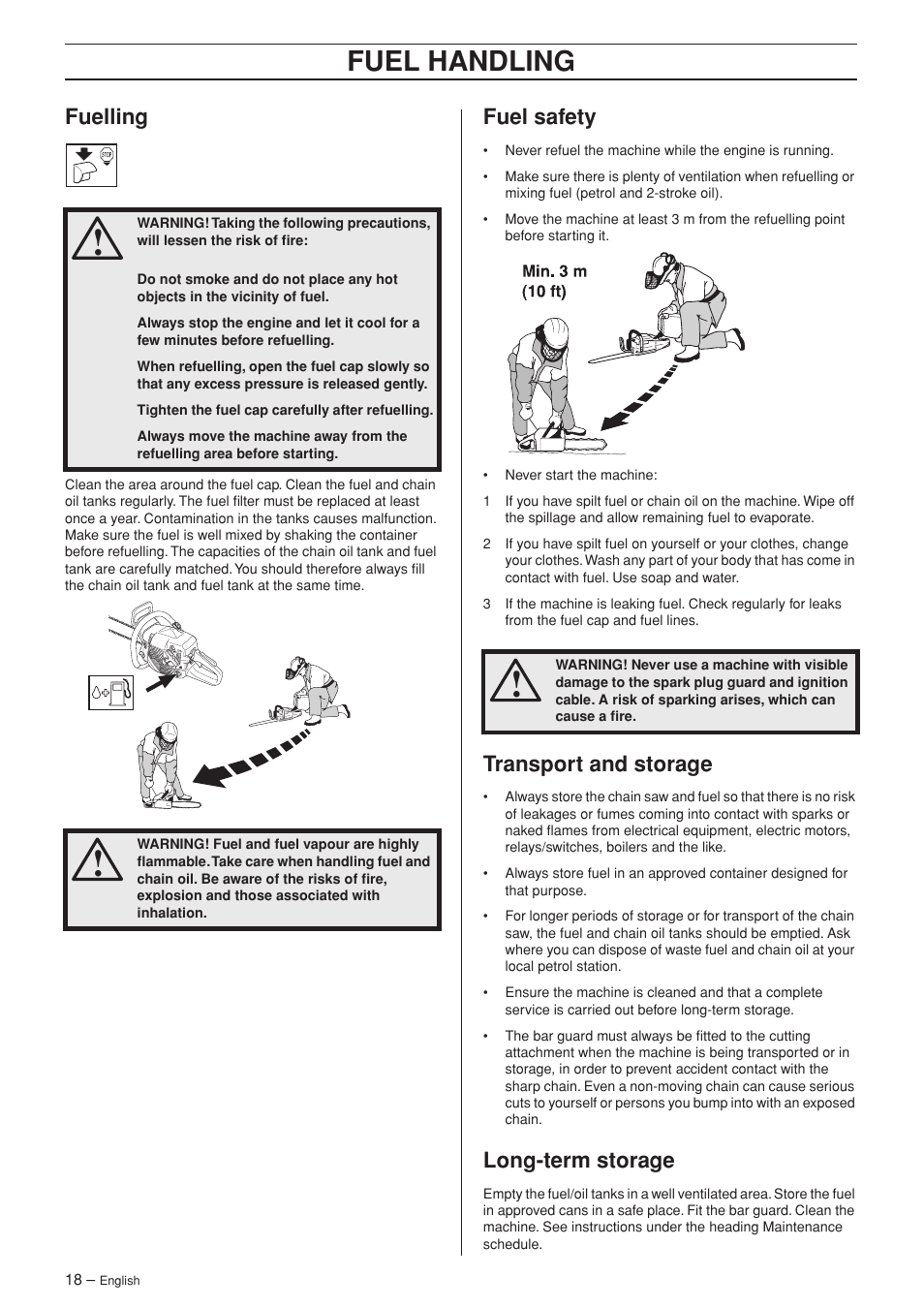 Fuelling, Fuel safety, Transport and storage | Long-term storage, Fuel handling | Jonsered CS 2141S User Manual | Page 18 / 40