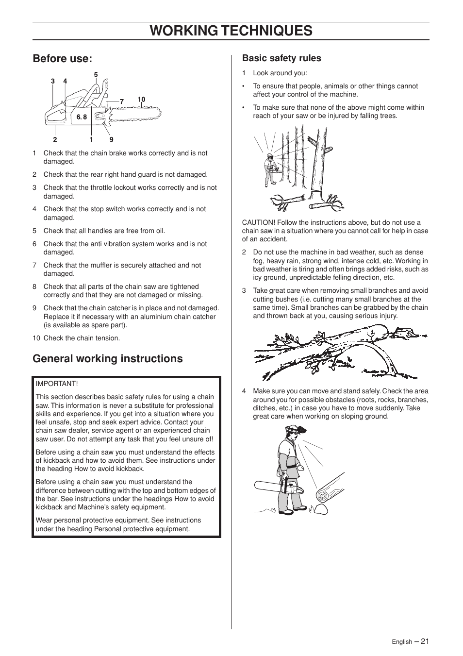 Before use, General working instructions, Basic safety rules | Working techniques | Jonsered CS 2141S User Manual | Page 21 / 40