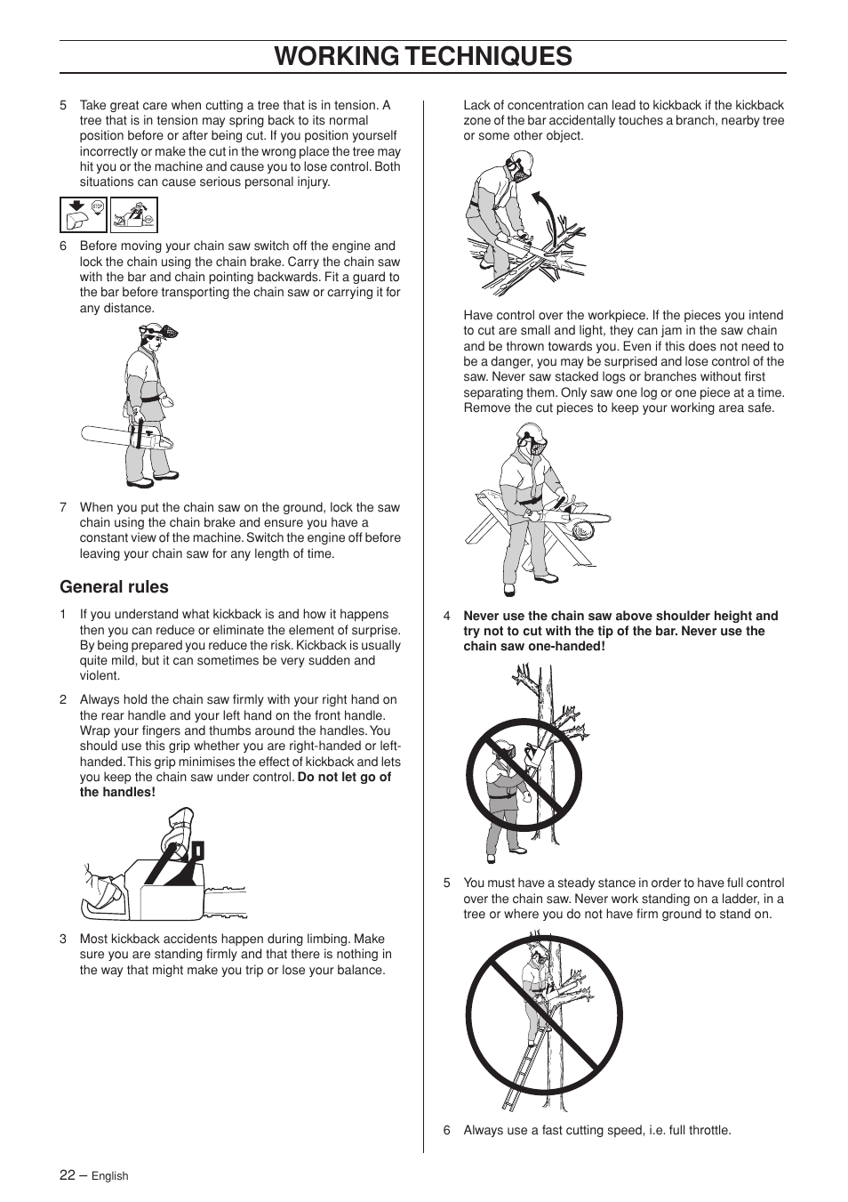 General rules, Working techniques | Jonsered CS 2141S User Manual | Page 22 / 40