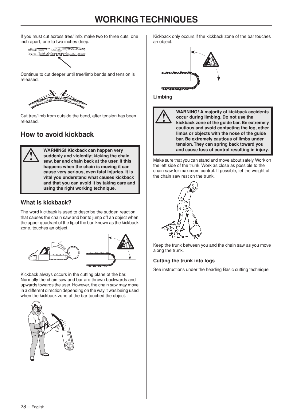 How to avoid kickback, What is kickback, Working techniques | Jonsered CS 2141S User Manual | Page 28 / 40