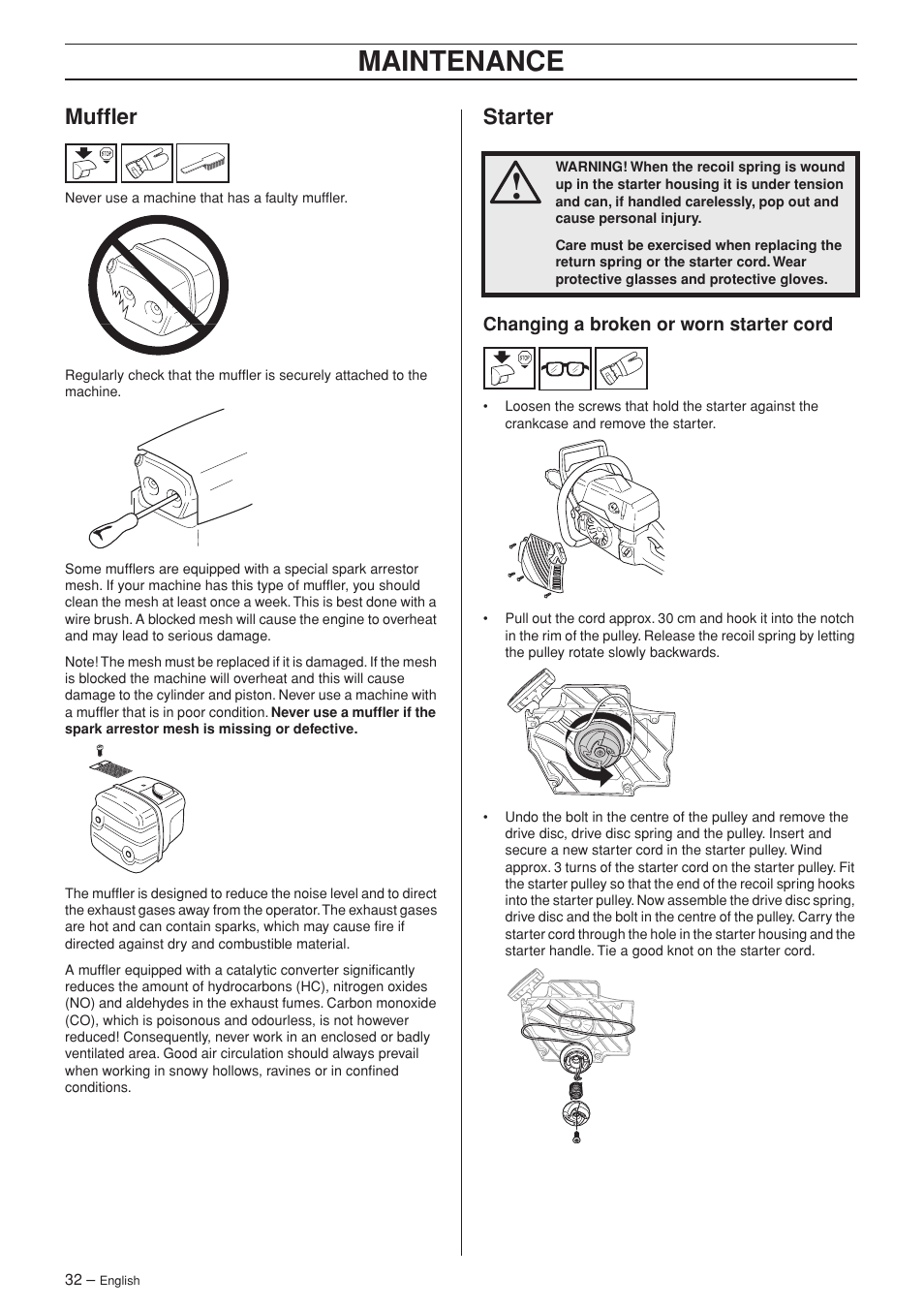 Muffler, Starter, Changing a broken or worn starter cord | Maintenance | Jonsered CS 2141S User Manual | Page 32 / 40