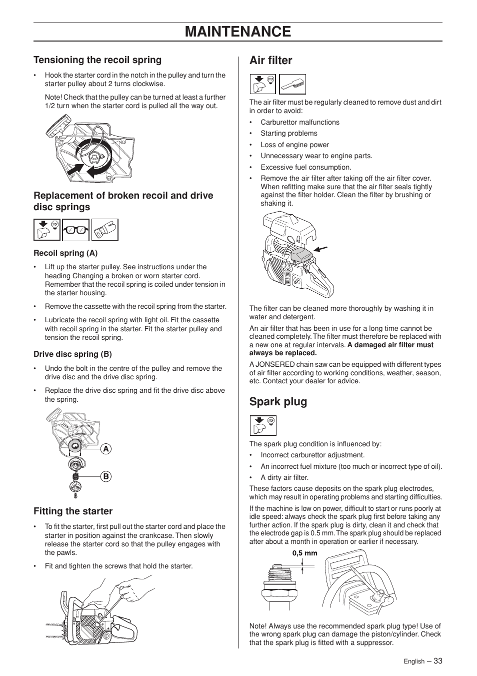 Tensioning the recoil spring, Fitting the starter, Air filter | Spark plug, Maintenance | Jonsered CS 2141S User Manual | Page 33 / 40