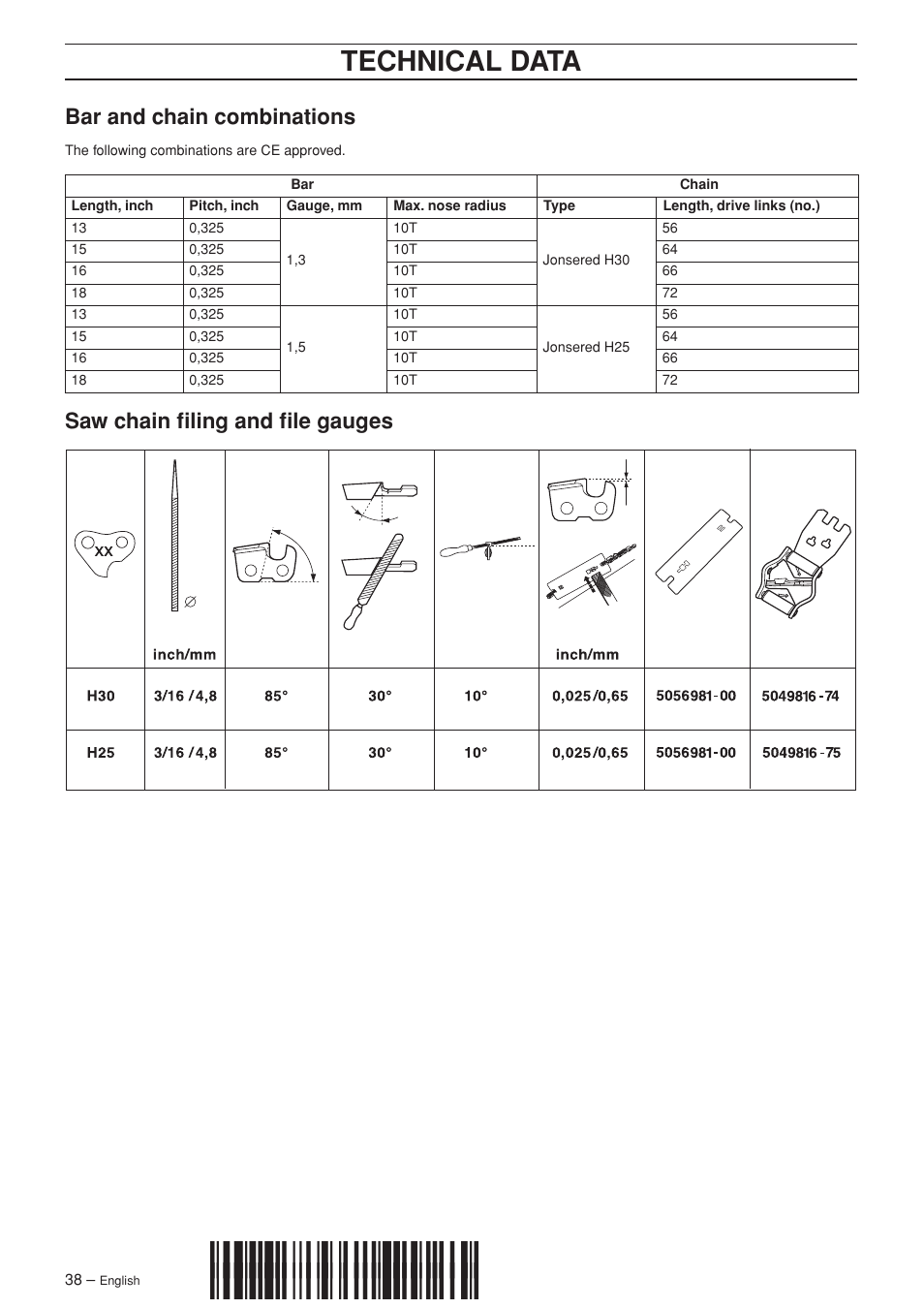 Bar and chain combinations, Saw chain filing and file gauges, Z+rb"¶6 | Technical data | Jonsered CS 2141S User Manual | Page 38 / 40