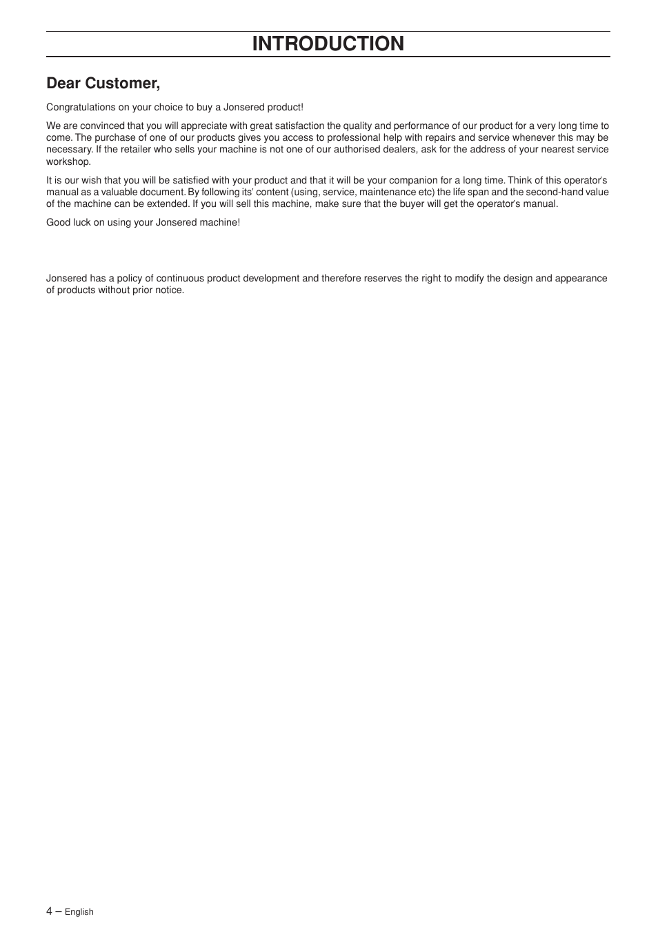 Dear customer, Intr oduction | Jonsered CS 2141S User Manual | Page 4 / 40