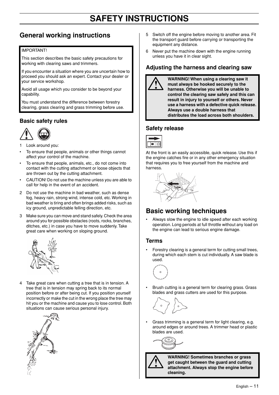 General working instructions, Basic safety rules, Adjusting the harness and clearing saw | Safety release, Basic working techniques, Terms, Safety instructions | Jonsered RS44/52 User Manual | Page 11 / 36