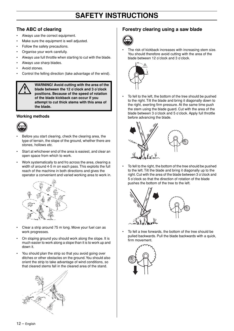 The abc of clearing, Forestry clearing using a saw blade, Safety instructions | Jonsered RS44/52 User Manual | Page 12 / 36