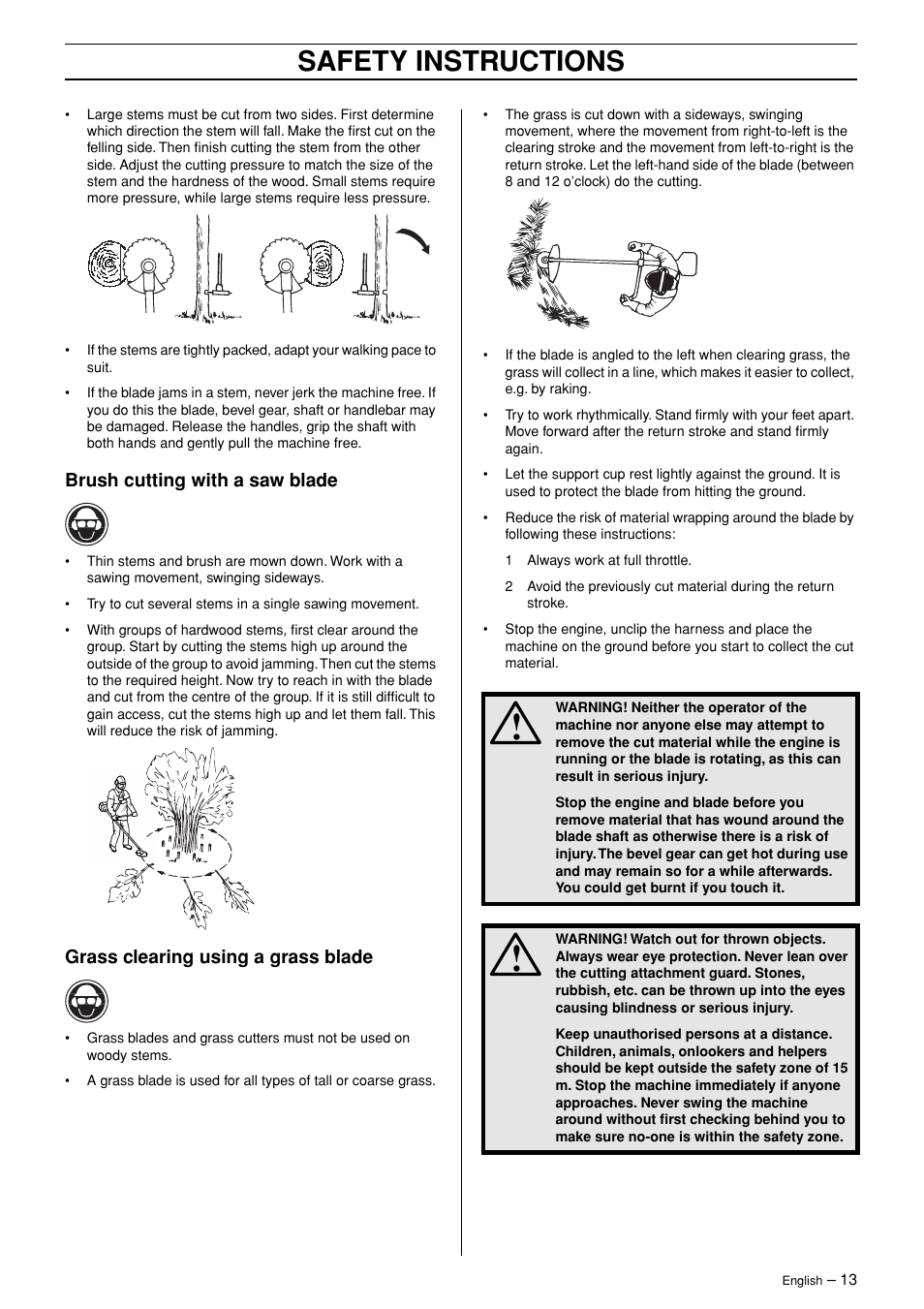 Brush cutting with a saw blade, Grass clearing using a grass blade, Safety instructions | Jonsered RS44/52 User Manual | Page 13 / 36