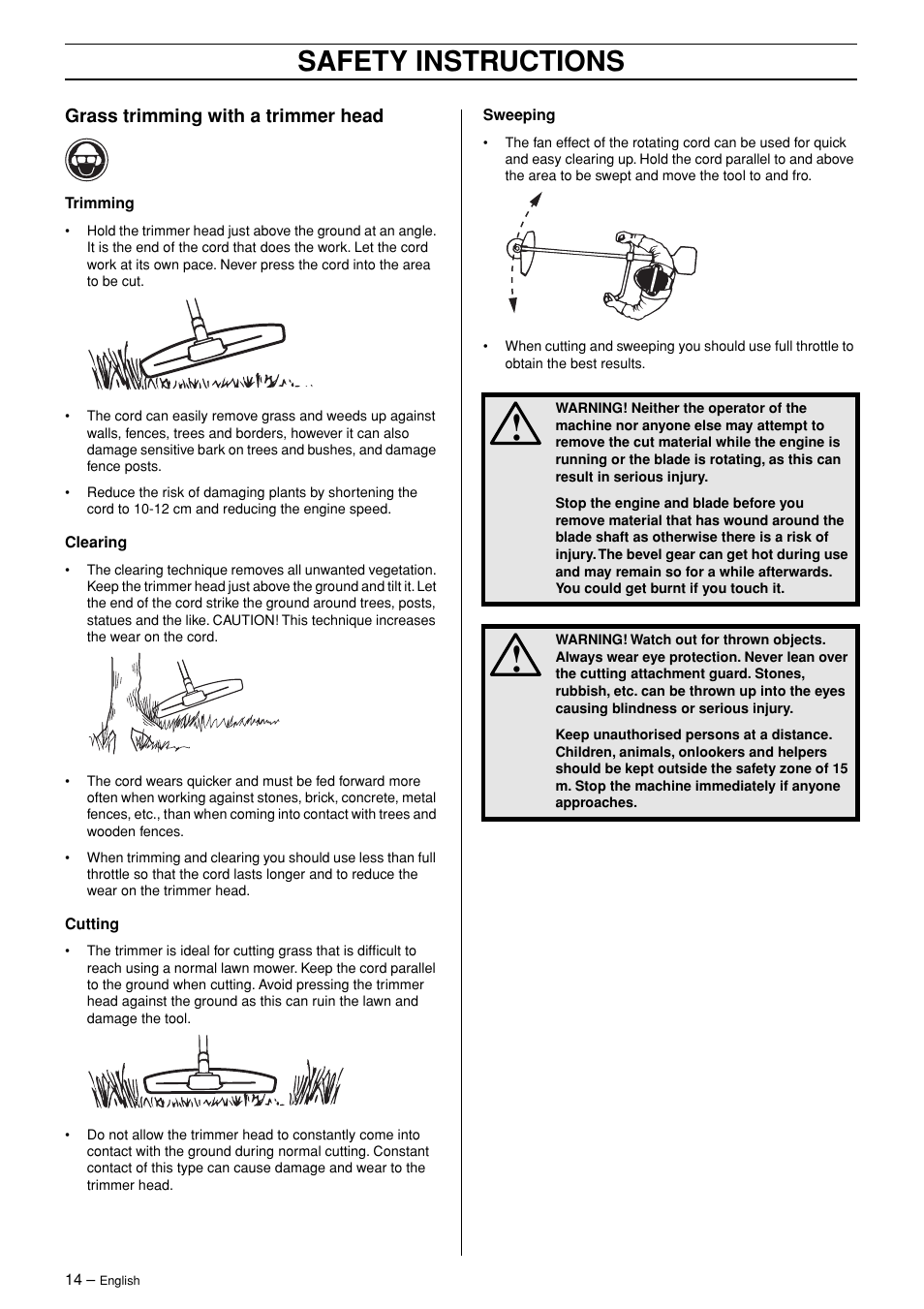 Grass trimming with a trimmer head, Safety instructions | Jonsered RS44/52 User Manual | Page 14 / 36