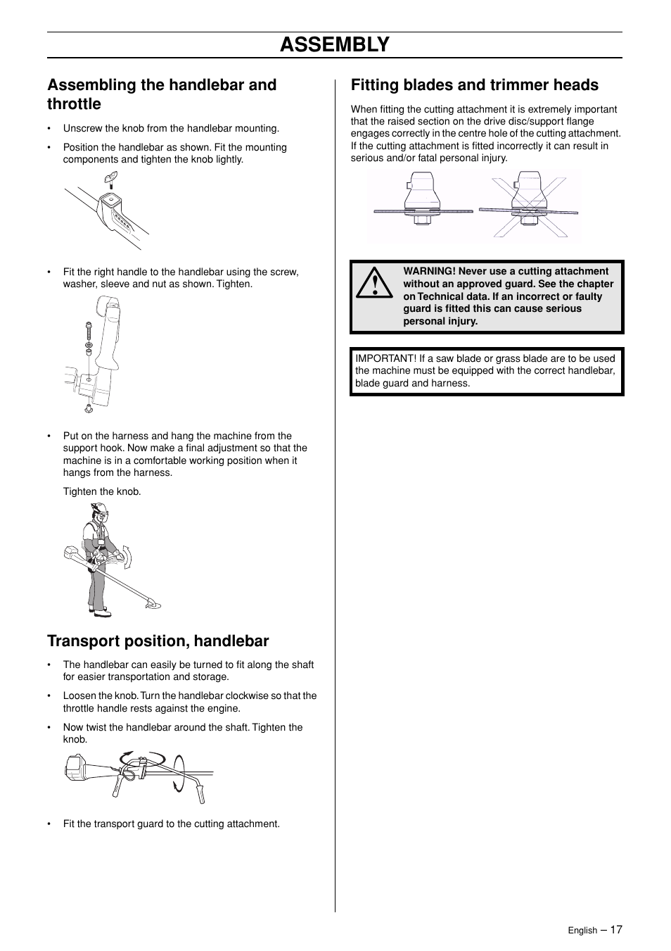 Assembling the handlebar and throttle, Transport position, handlebar, Fitting blades and trimmer heads | Assembly | Jonsered RS44/52 User Manual | Page 17 / 36