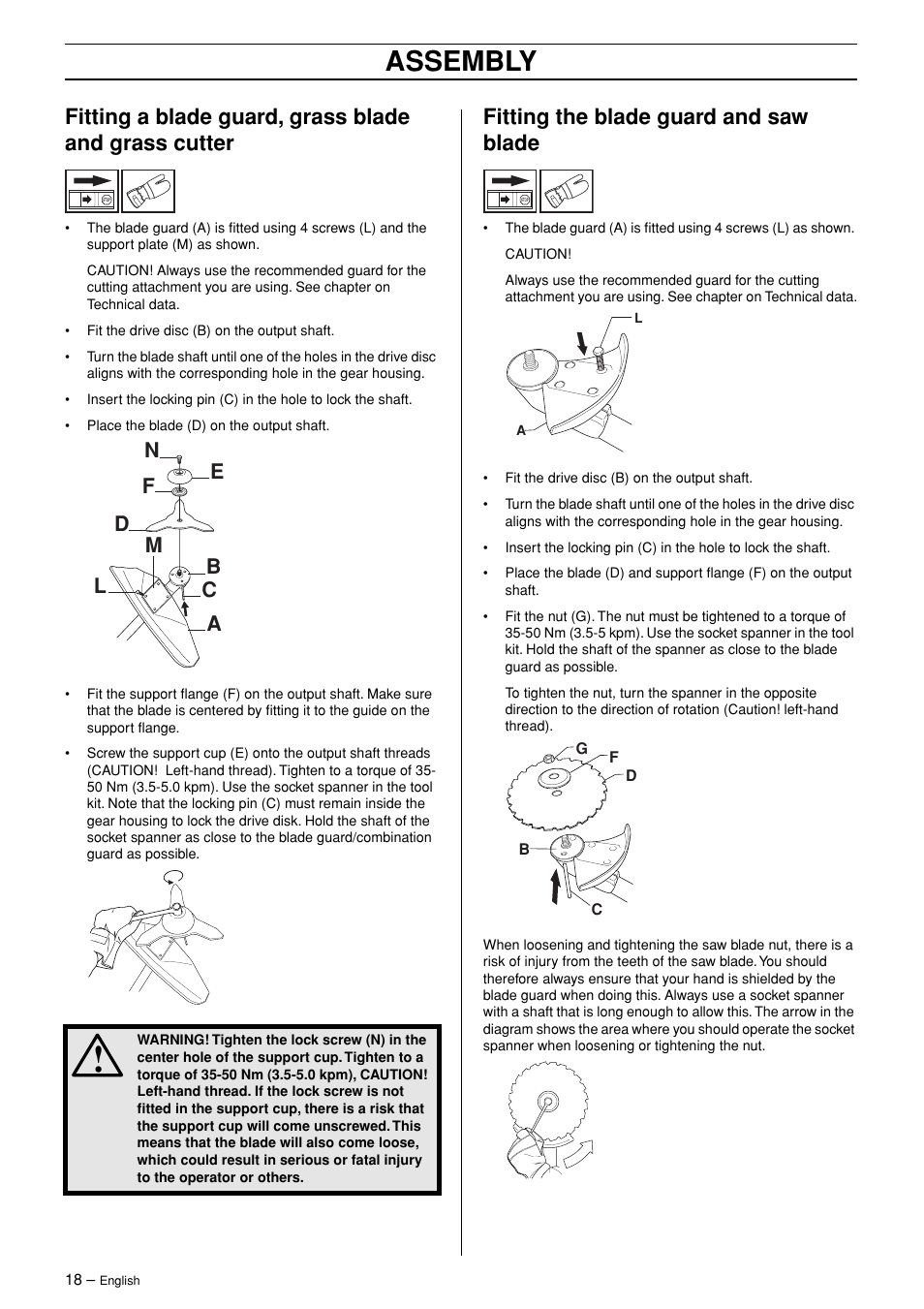 Fitting the blade guard and saw blade, Assembly | Jonsered RS44/52 User Manual | Page 18 / 36