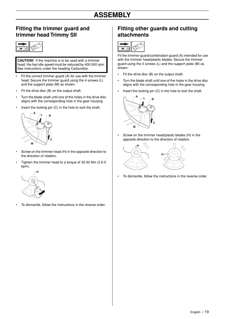 Fitting other guards and cutting attachments, Assembly | Jonsered RS44/52 User Manual | Page 19 / 36