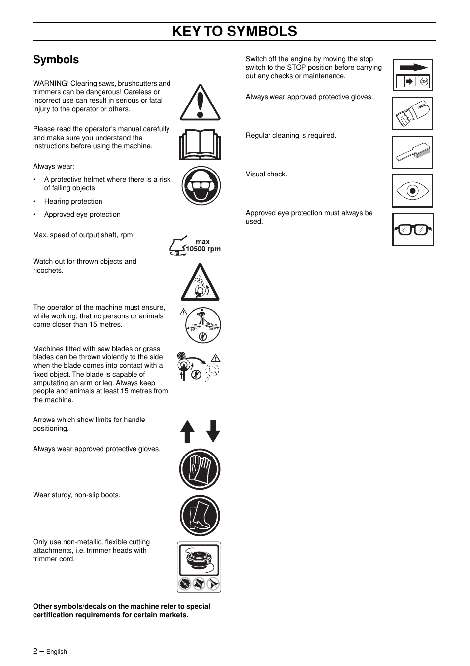 Symbols, Key to symbols | Jonsered RS44/52 User Manual | Page 2 / 36