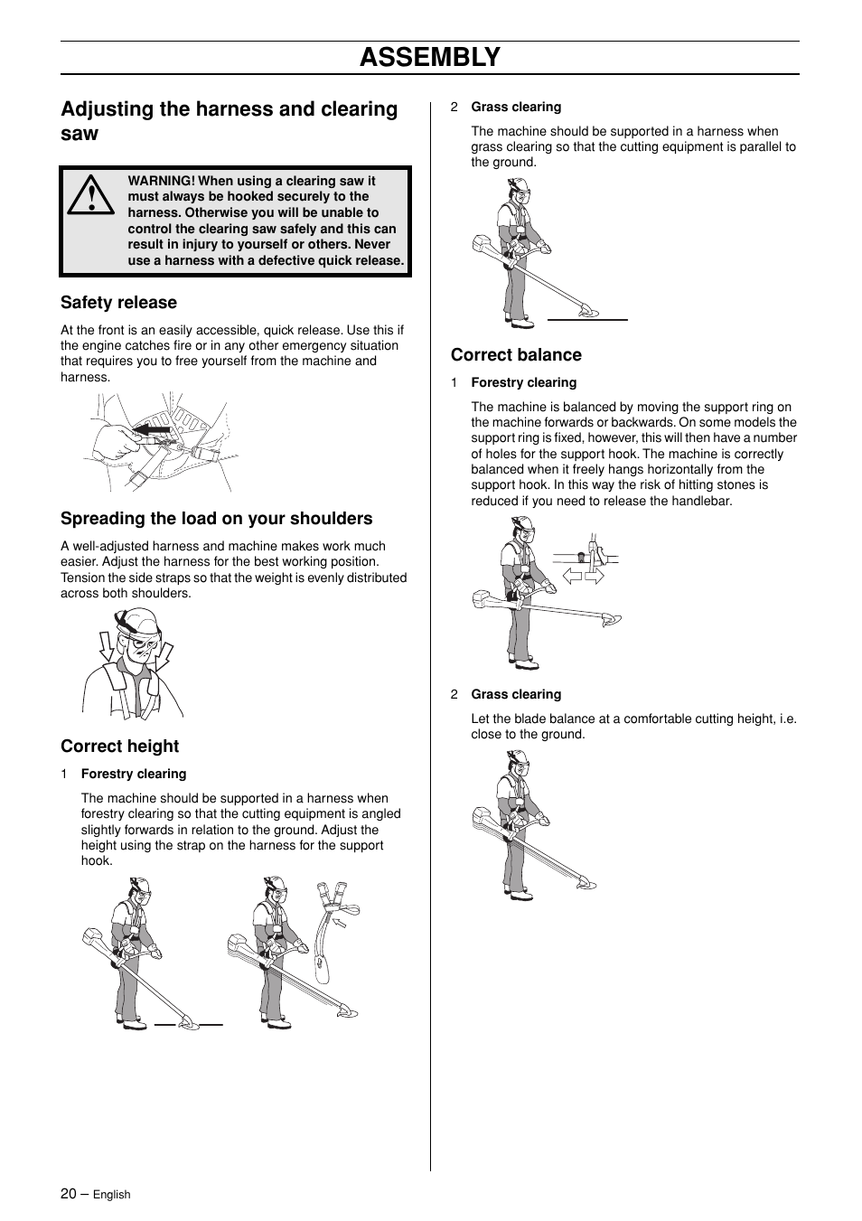 Adjusting the harness and clearing saw, Safety release, Spreading the load on your shoulders | Correct height, Correct balance, Assembly | Jonsered RS44/52 User Manual | Page 20 / 36