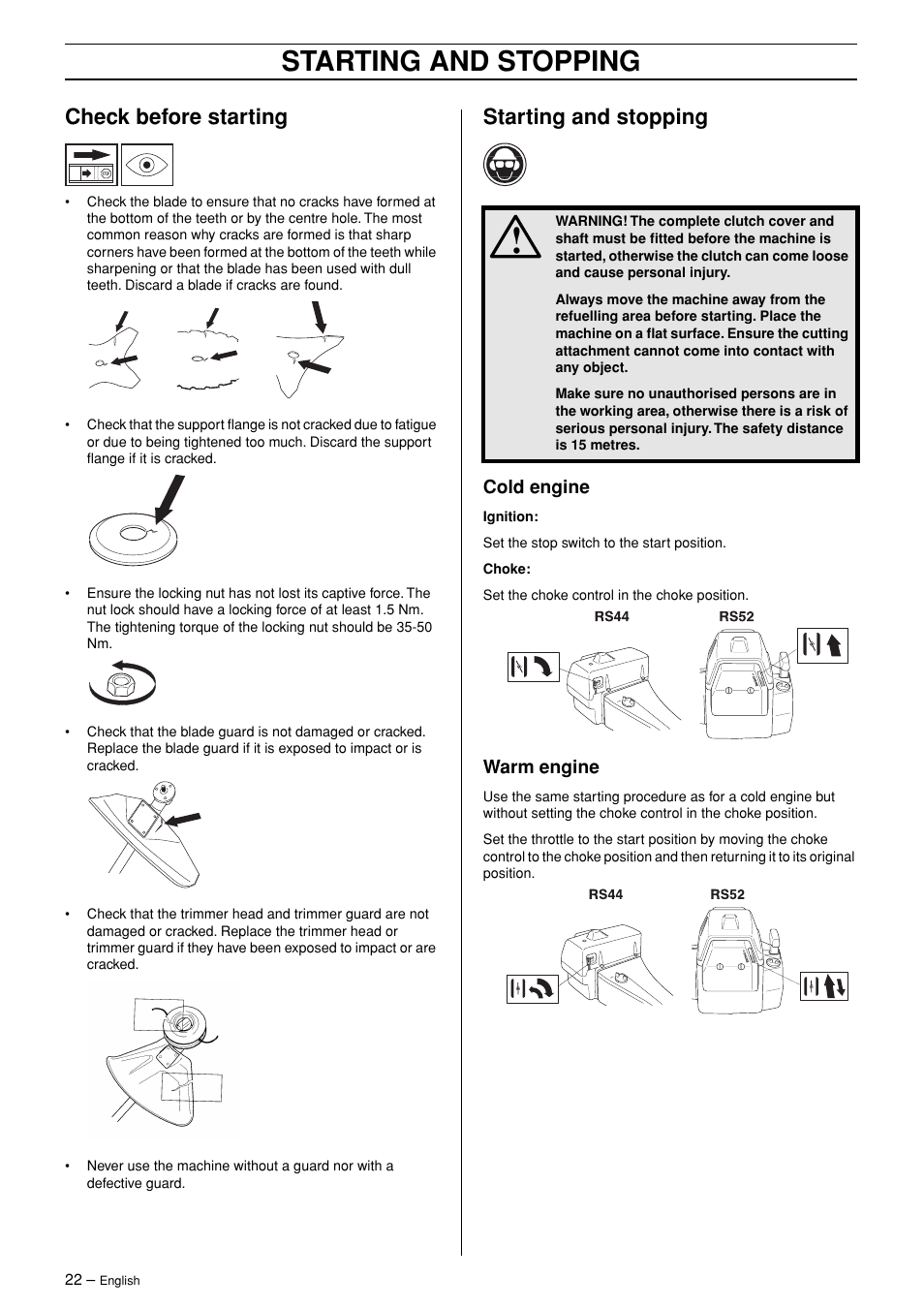 Check before starting, Starting and stopping, Cold engine | Warm engine | Jonsered RS44/52 User Manual | Page 22 / 36