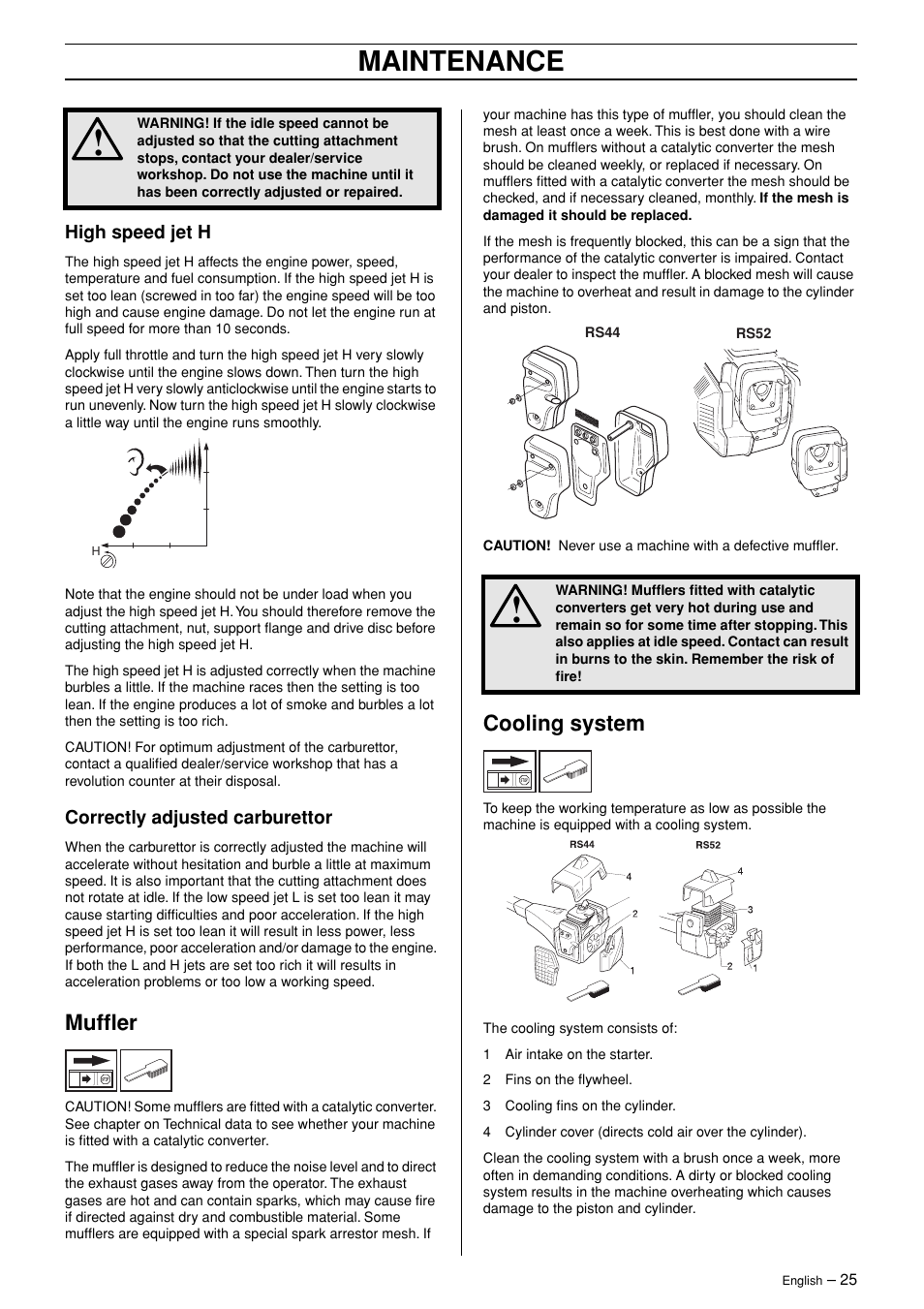 High speed jet h, Correctly adjusted carburettor, Muffler | Cooling system, Maintenance | Jonsered RS44/52 User Manual | Page 25 / 36