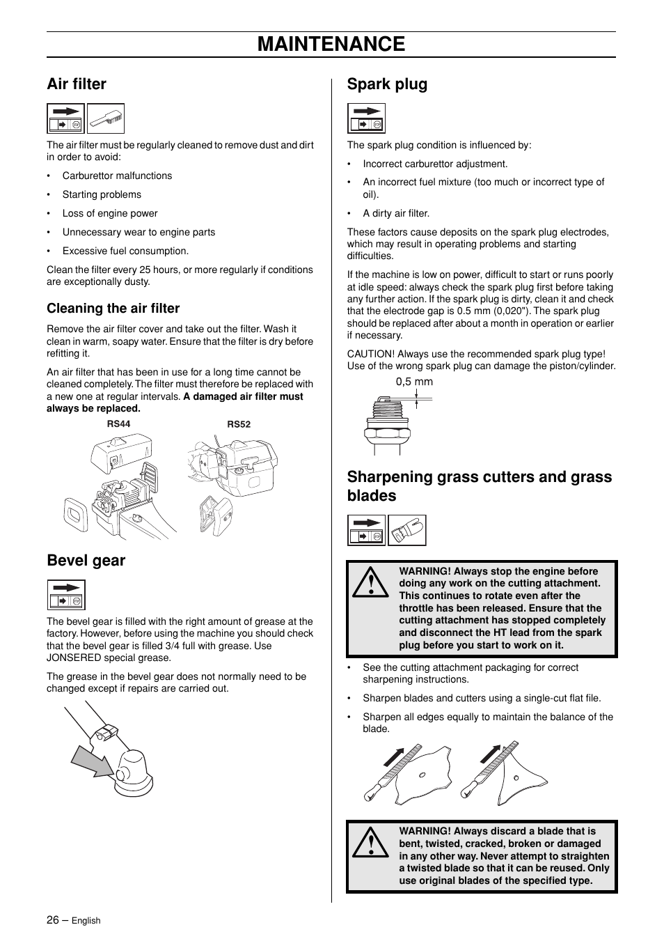 Air filter, Cleaning the air filter, Bevel gear | Spark plug, Sharpening grass cutters and grass blades, Maintenance | Jonsered RS44/52 User Manual | Page 26 / 36