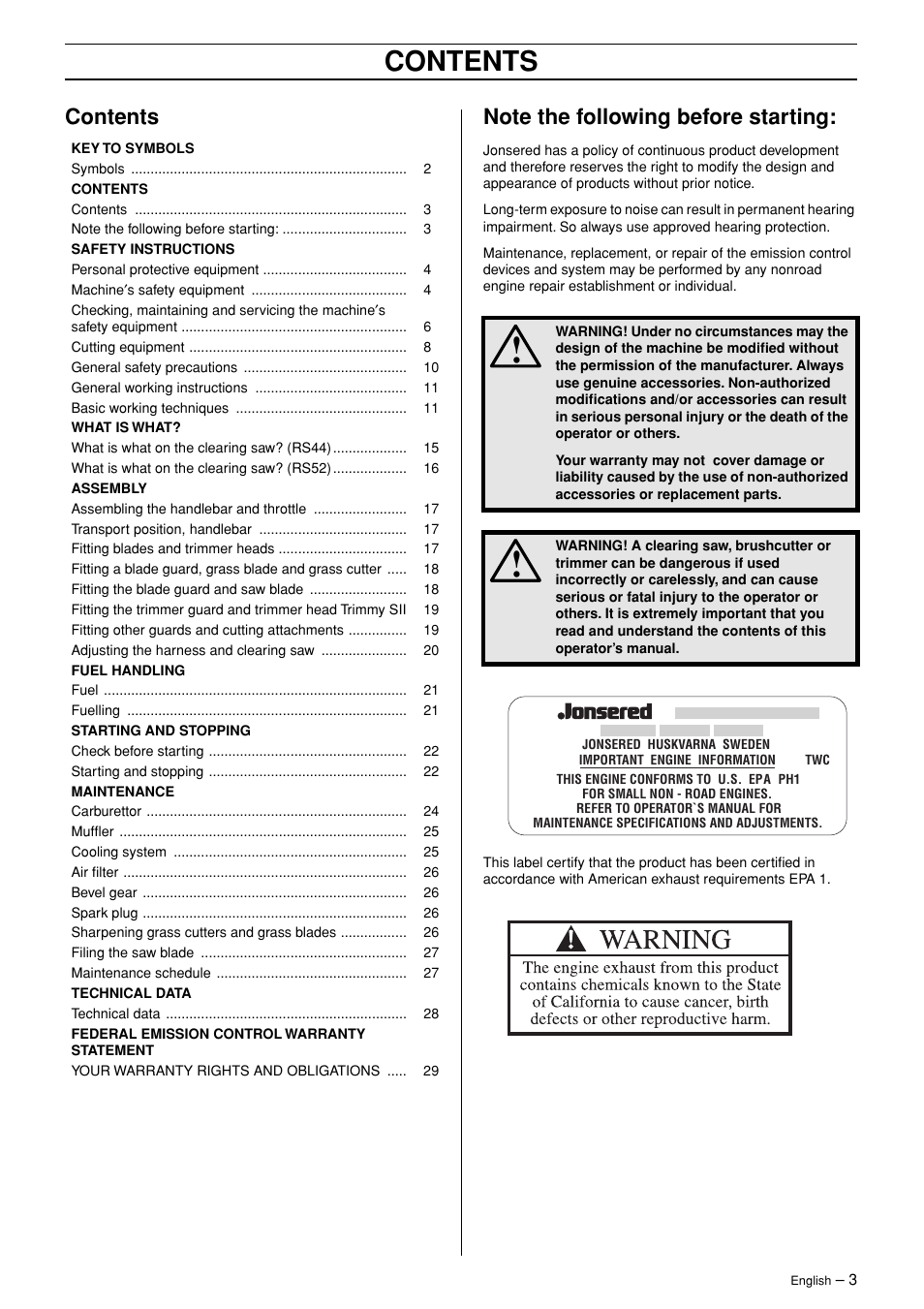 Jonsered RS44/52 User Manual | Page 3 / 36