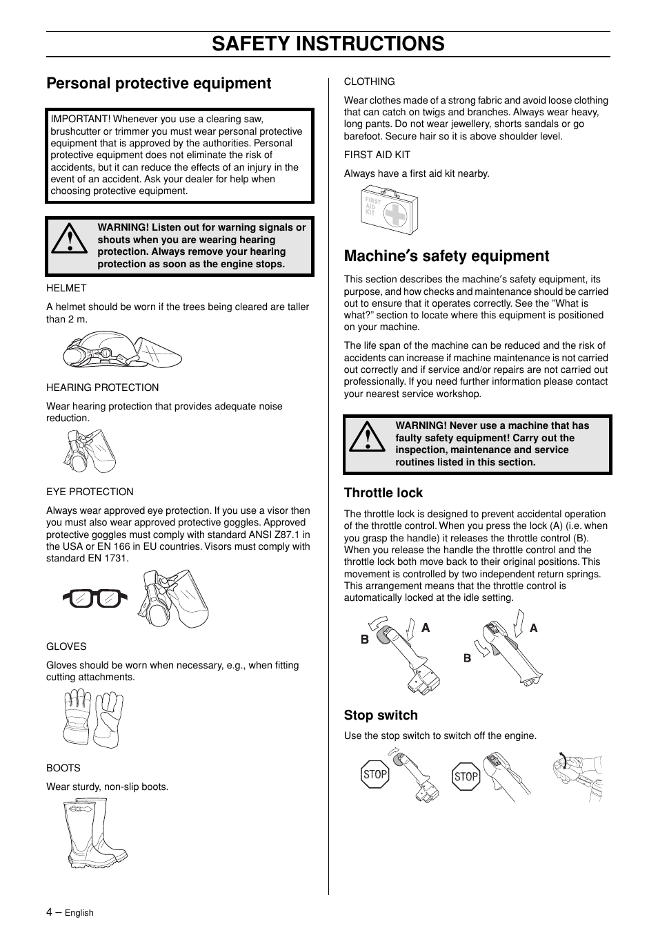 Personal protective equipment, Machine¢s safety equipment, Throttle lock | Stop switch, Safety instructions, Machine ′′′′ s safety equipment | Jonsered RS44/52 User Manual | Page 4 / 36