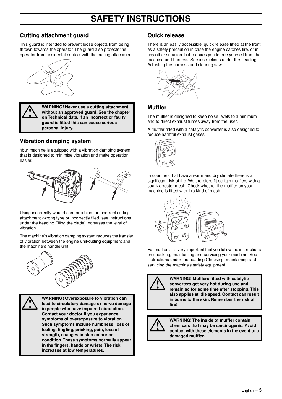 Cutting attachment guard, Vibration damping system, Quick release | Muffler, Safety instructions | Jonsered RS44/52 User Manual | Page 5 / 36