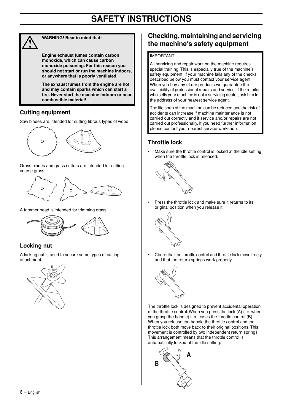 Cutting equipment, Locking nut, Throttle lock | Safety instructions | Jonsered RS44/52 User Manual | Page 6 / 36