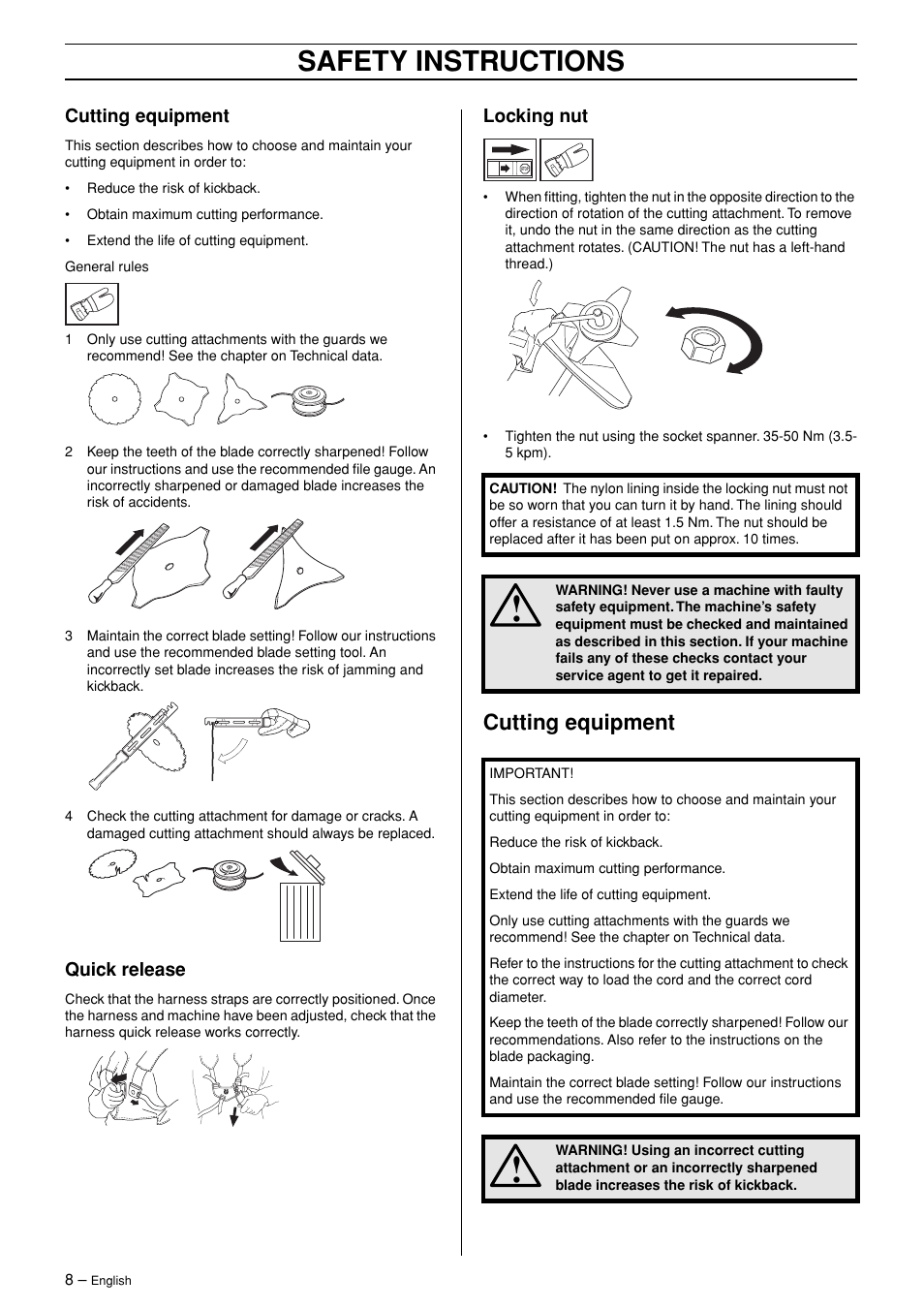 Cutting equipment, Quick release, Locking nut | Safety instructions | Jonsered RS44/52 User Manual | Page 8 / 36