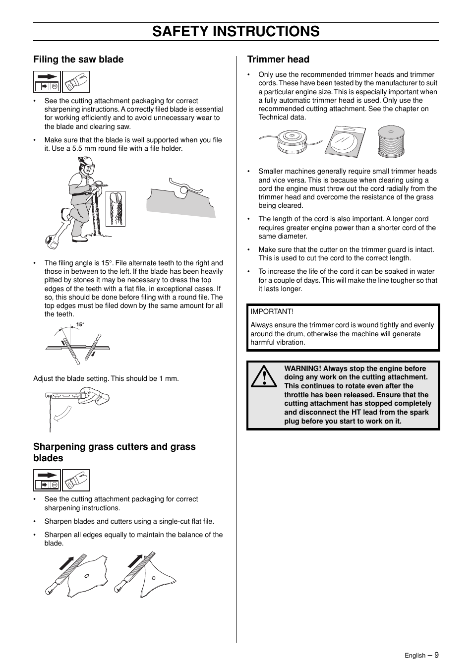 Filing the saw blade, Sharpening grass cutters and grass blades, Trimmer head | Safety instructions | Jonsered RS44/52 User Manual | Page 9 / 36