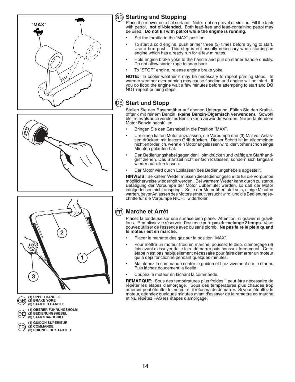 Starting and stopping, Start und stopp, Marche et arrêt | Jonsered LM2150SM User Manual | Page 14 / 20