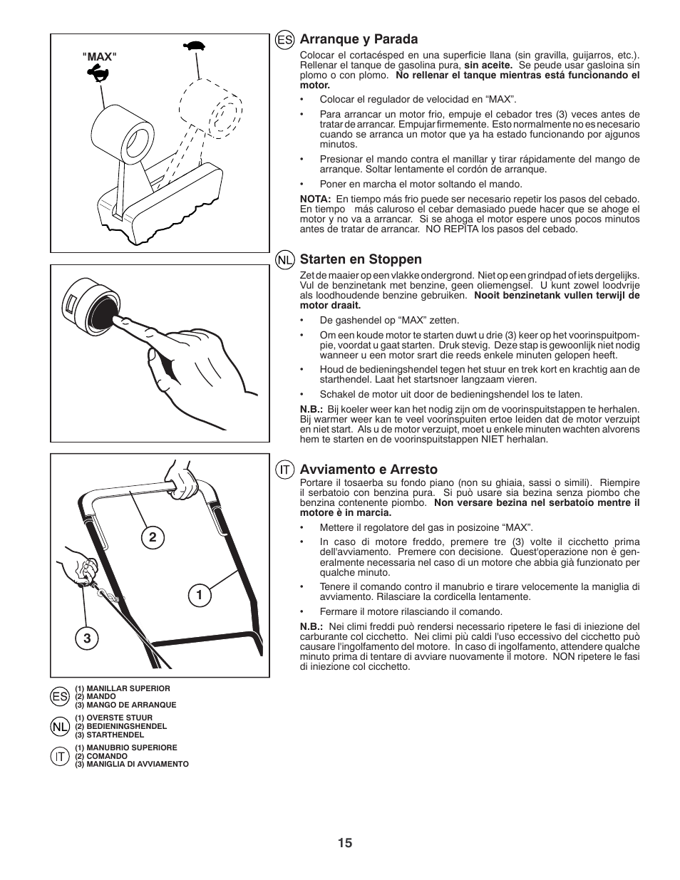 15 arranque y parada, Starten en stoppen, Avviamento e arresto | Jonsered LM2150SM User Manual | Page 15 / 20