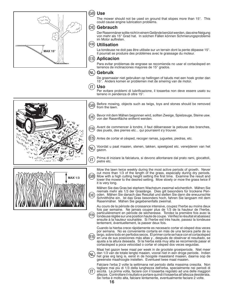 16 use, Gebrauch, Utilisation | Aplicacion, Gebruik | Jonsered LM2150SM User Manual | Page 16 / 20