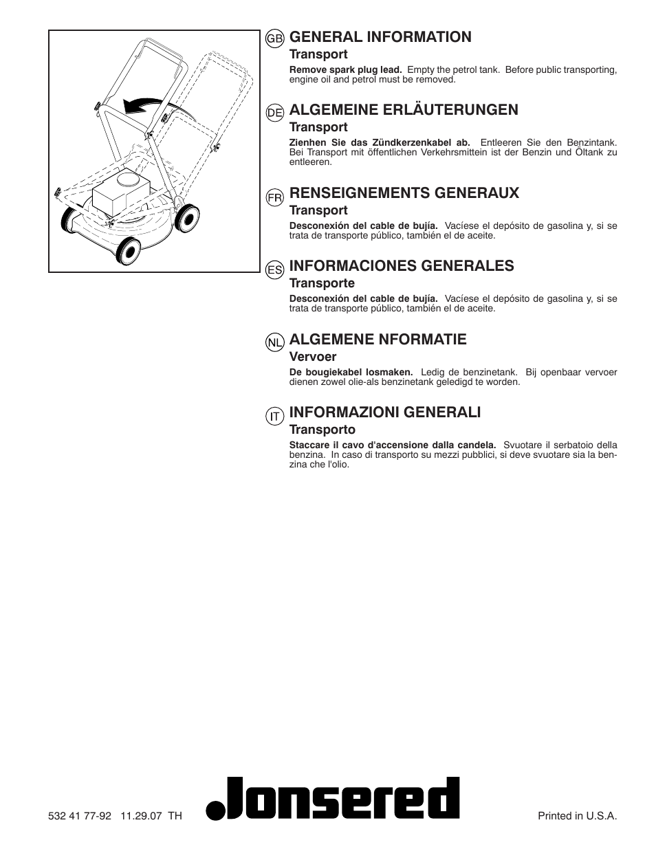 General information, Algemeine erläuterungen, Renseignements generaux | Informaciones generales, Algemene nformatie, Informazioni generali | Jonsered LM2150SM User Manual | Page 20 / 20