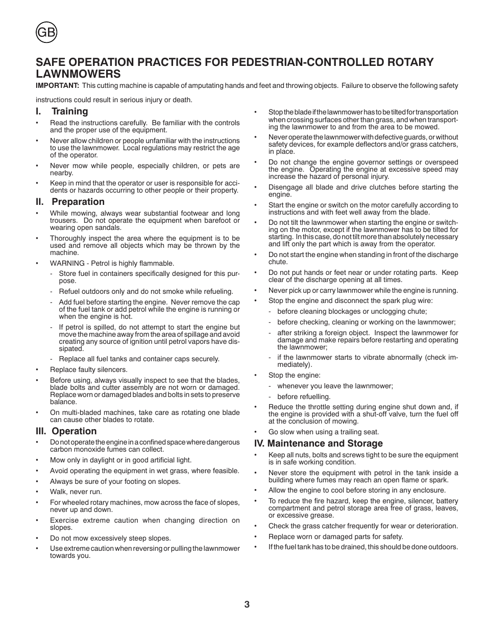 Iv. maintenance and storage, I. training, Ii. preparation | Iii. operation | Jonsered LM2150SM User Manual | Page 3 / 20