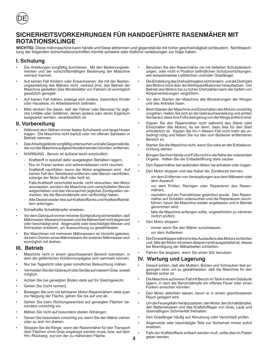 Iv. wartung und lagerung, I. schulung, Ii. vorbereitung | Iii. betrieb | Jonsered LM2150SM User Manual | Page 4 / 20