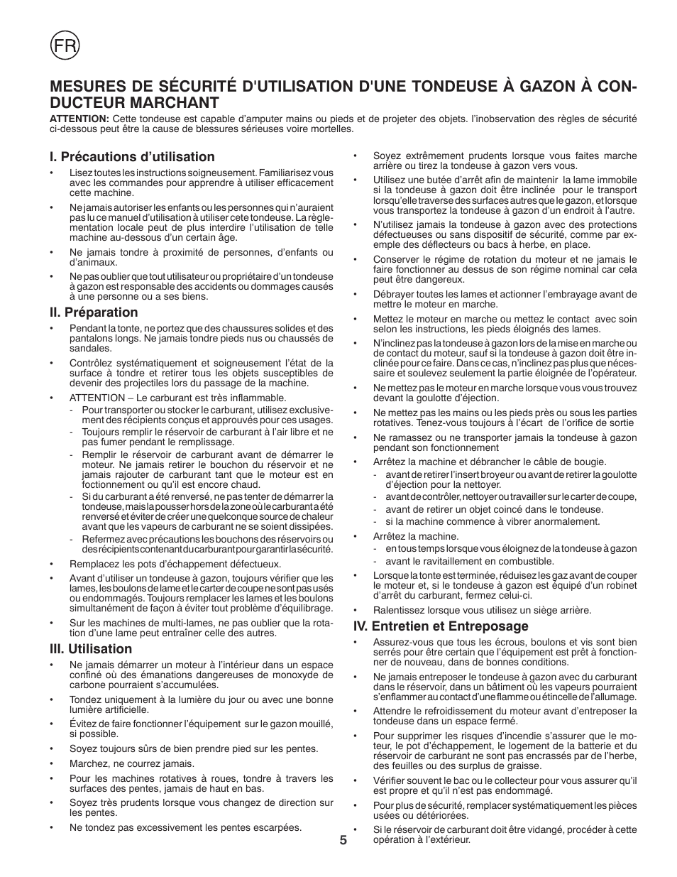 I. précautions d’utilisation, Ii. préparation, Iii. utilisation | Iv. entretien et entreposage | Jonsered LM2150SM User Manual | Page 5 / 20