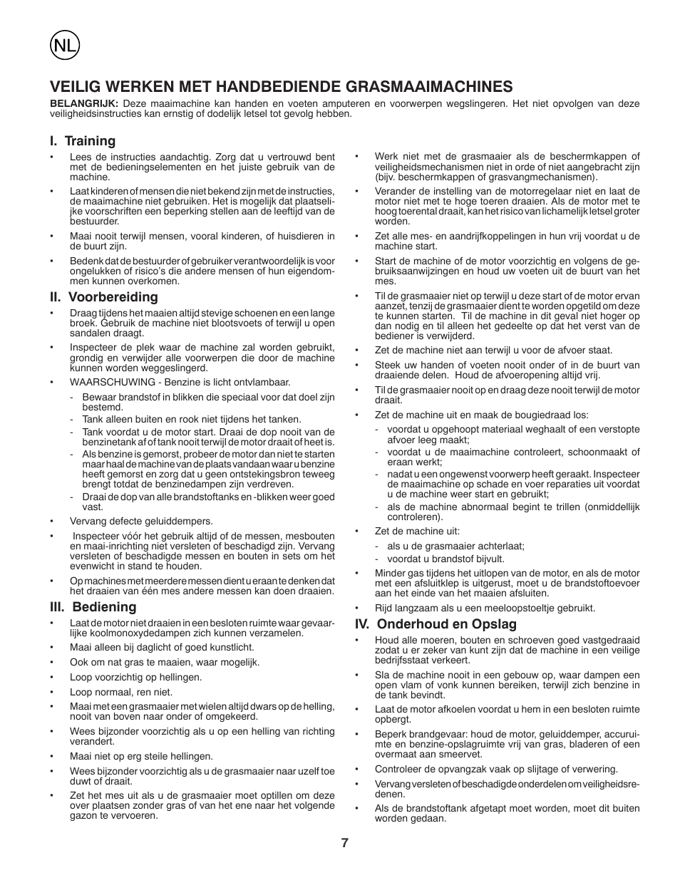 Veilig werken met handbediende grasmaaimachines, Iv. onderhoud en opslag, I. training | Ii. voorbereiding, Iii. bediening | Jonsered LM2150SM User Manual | Page 7 / 20