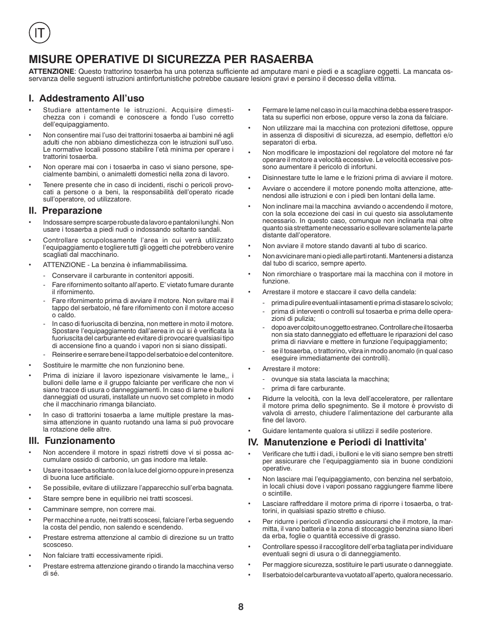 Misure operative di sicurezza per rasaerba, Iv. manutenzione e periodi di inattivita, I. addestramento all’uso | Ii. preparazione, Iii. funzionamento | Jonsered LM2150SM User Manual | Page 8 / 20