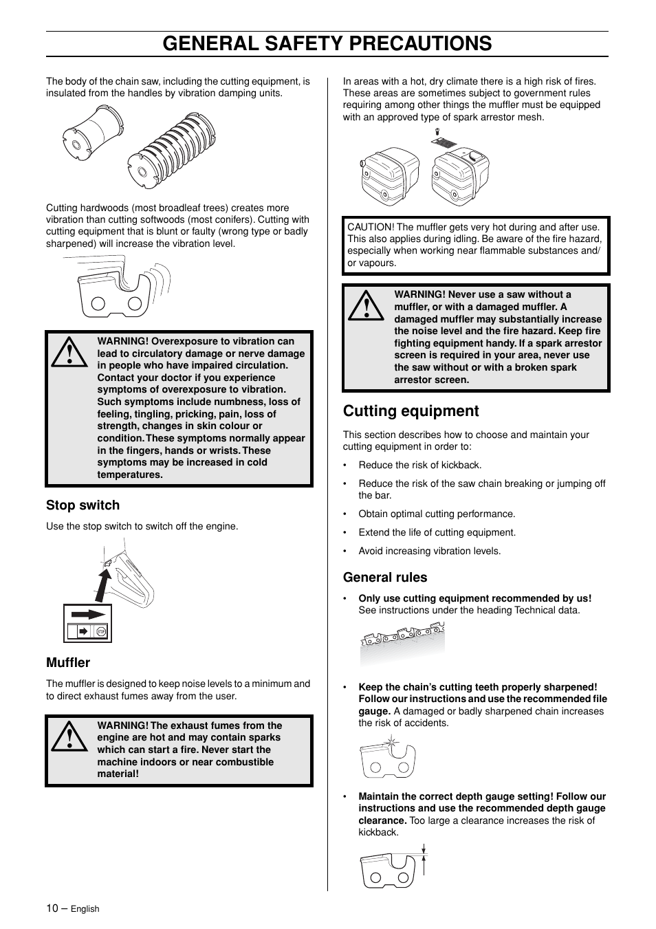 Stop switch, Muffler, Cutting equipment | General rules, General safety precautions | Jonsered CS 2171 User Manual | Page 10 / 40