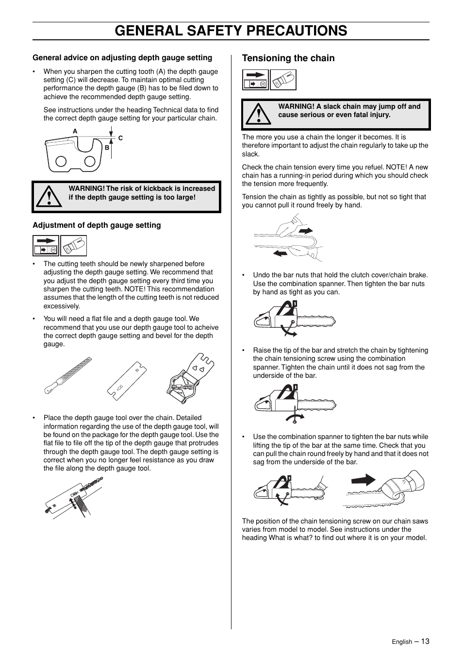 Tensioning the chain, General safety precautions | Jonsered CS 2171 User Manual | Page 13 / 40