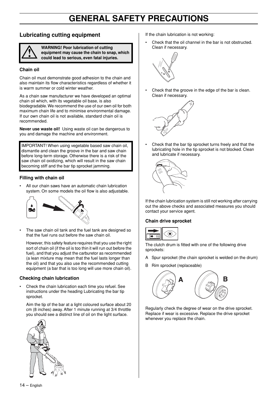 Lubricating cutting equipment, General safety precautions | Jonsered CS 2171 User Manual | Page 14 / 40