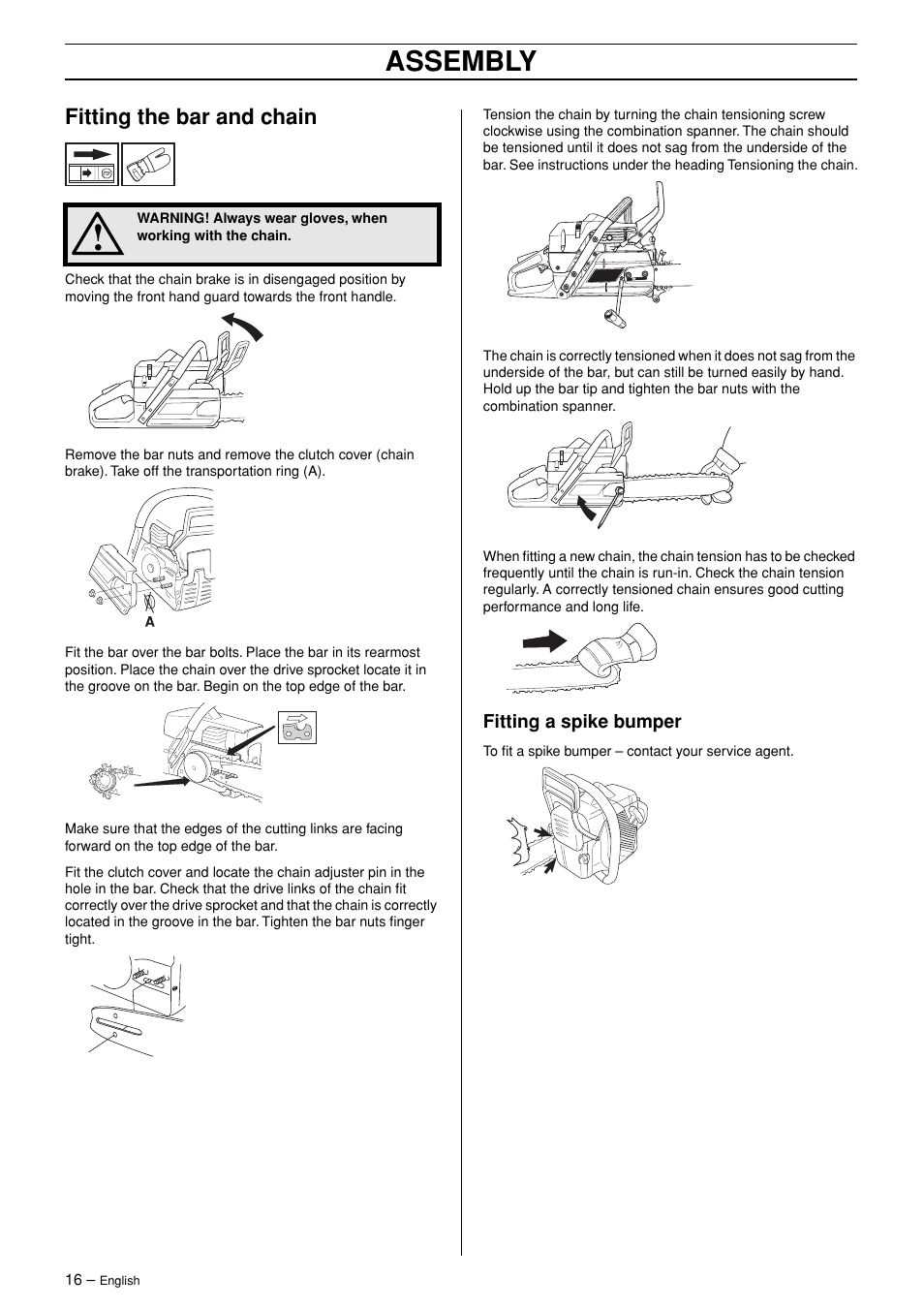 Fitting the bar and chain, Fitting a spike bumper, Assembly | Jonsered CS 2171 User Manual | Page 16 / 40