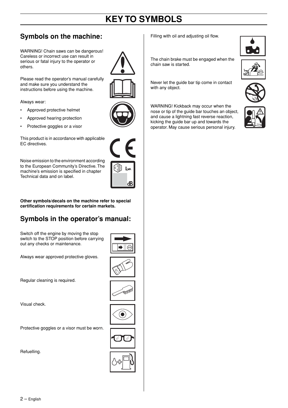 Symbols on the machine, Symbols in the operator’s manual, Key to symbols | Jonsered CS 2171 User Manual | Page 2 / 40