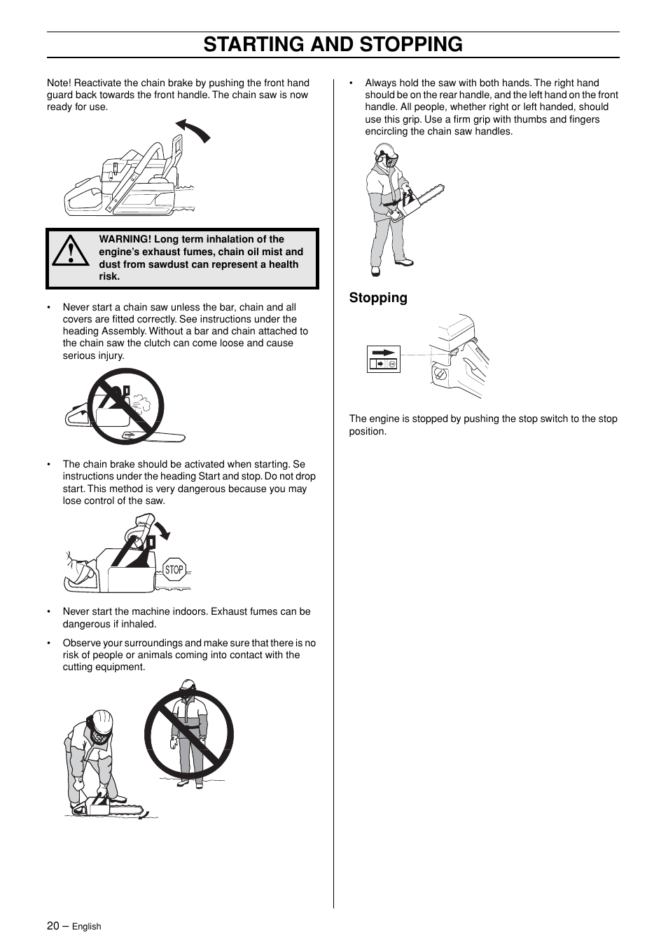 Stopping, Starting and stopping | Jonsered CS 2171 User Manual | Page 20 / 40