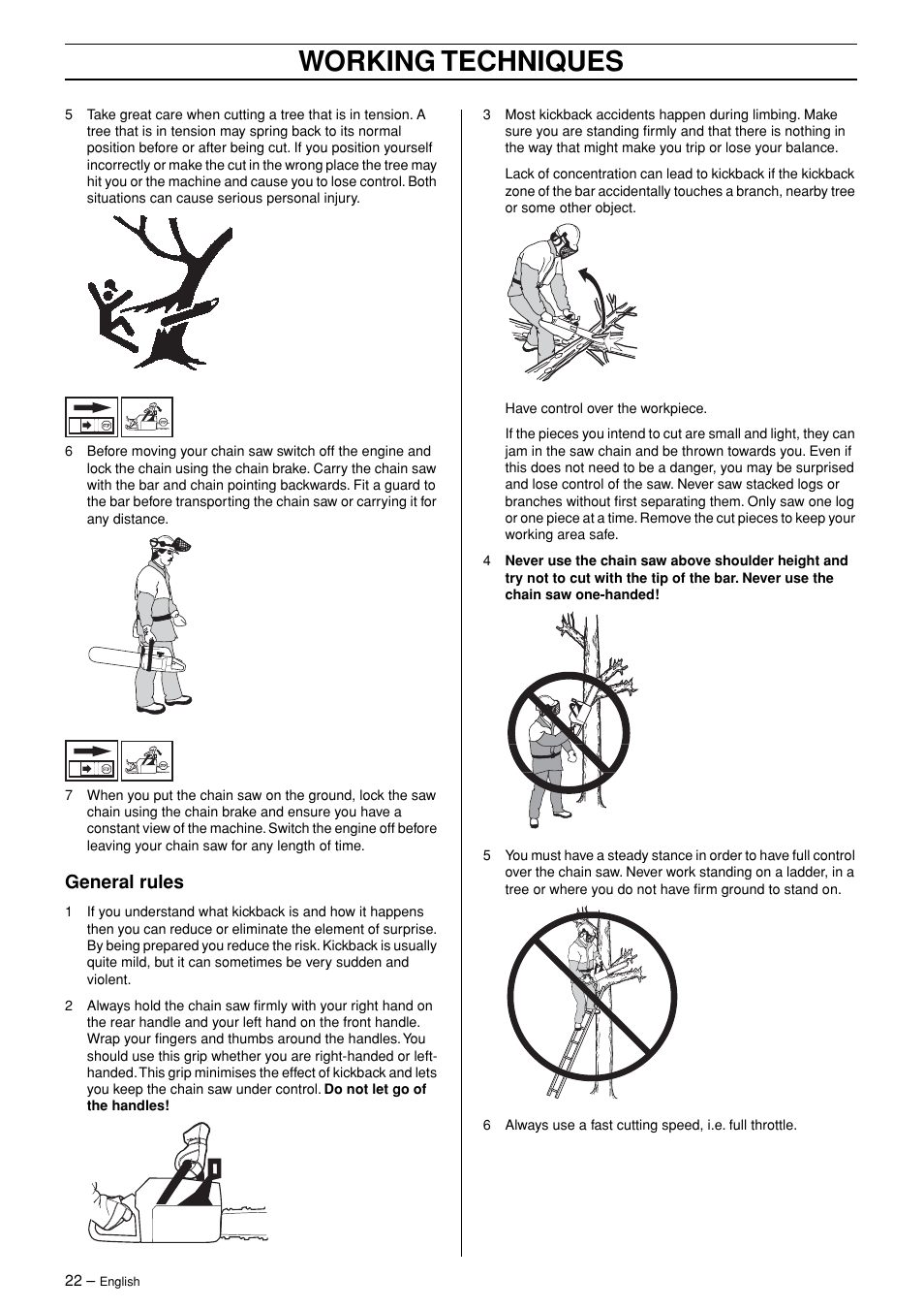 General rules, Working techniques | Jonsered CS 2171 User Manual | Page 22 / 40