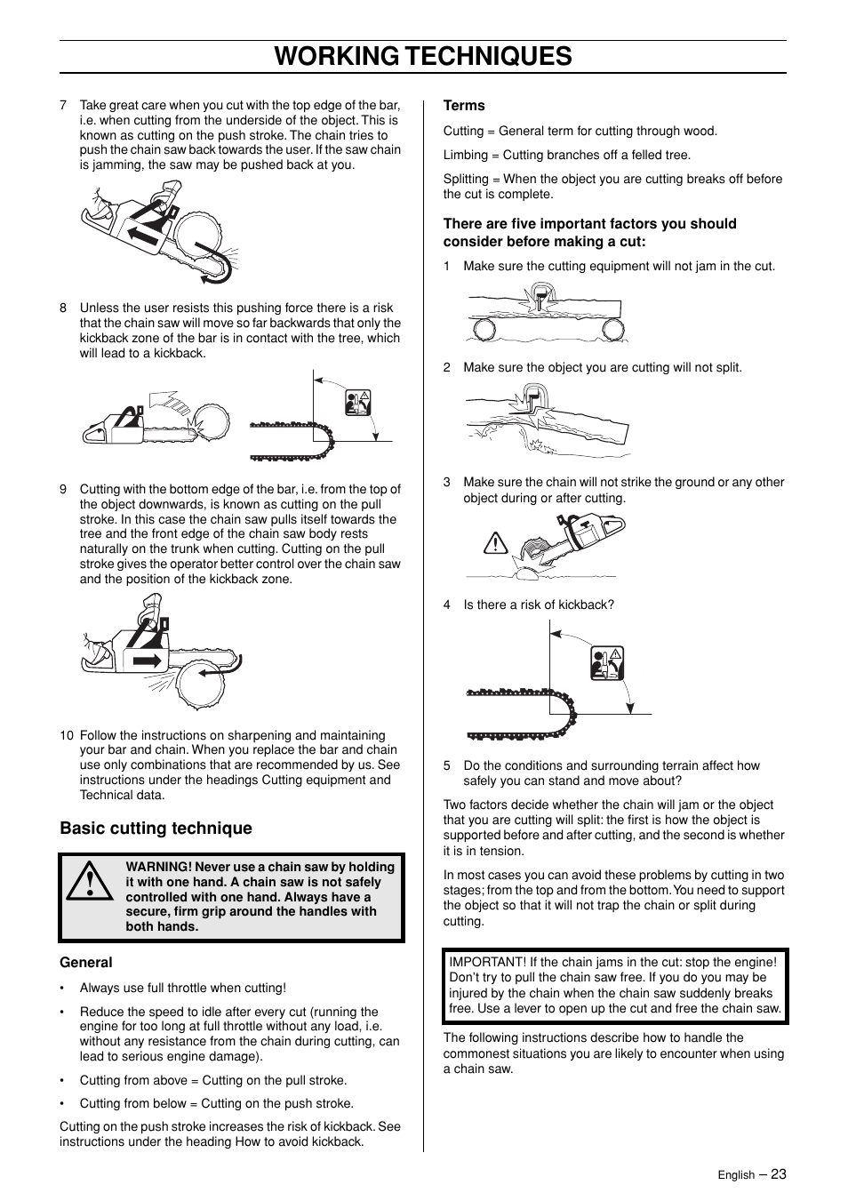 Basic cutting technique, Working techniques | Jonsered CS 2171 User Manual | Page 23 / 40