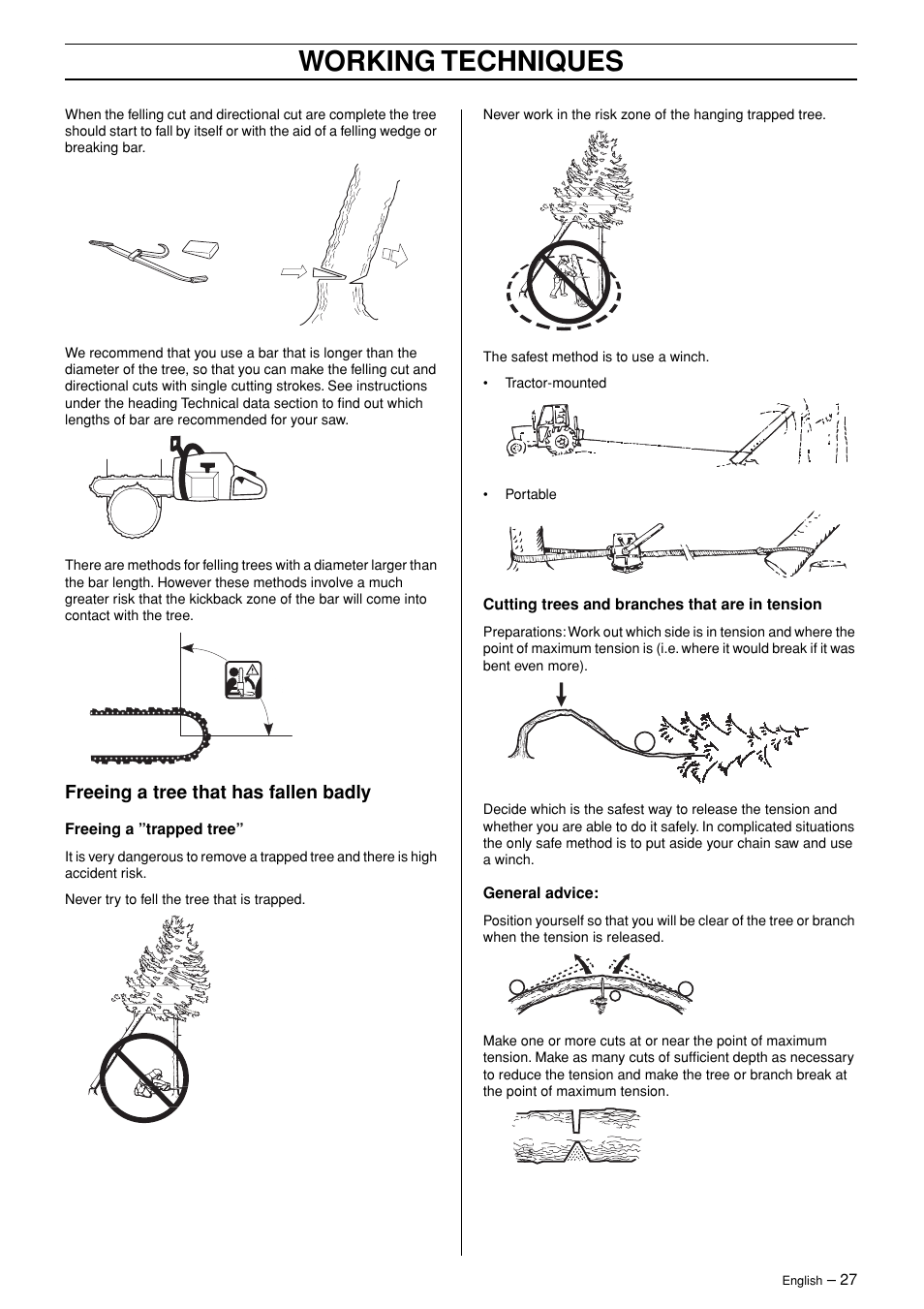 Freeing a tree that has fallen badly, Working techniques | Jonsered CS 2171 User Manual | Page 27 / 40