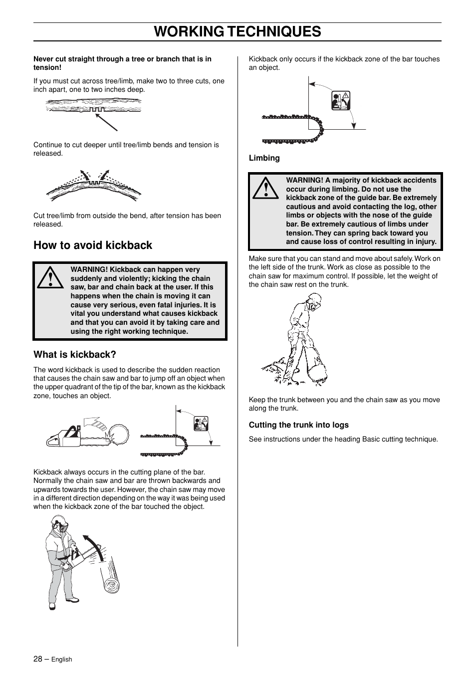 How to avoid kickback, What is kickback, Working techniques | Jonsered CS 2171 User Manual | Page 28 / 40