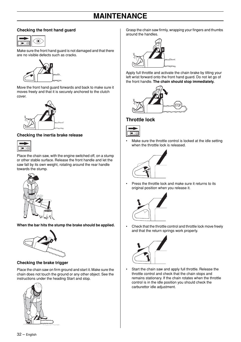 Throttle lock, Maintenance | Jonsered CS 2171 User Manual | Page 32 / 40