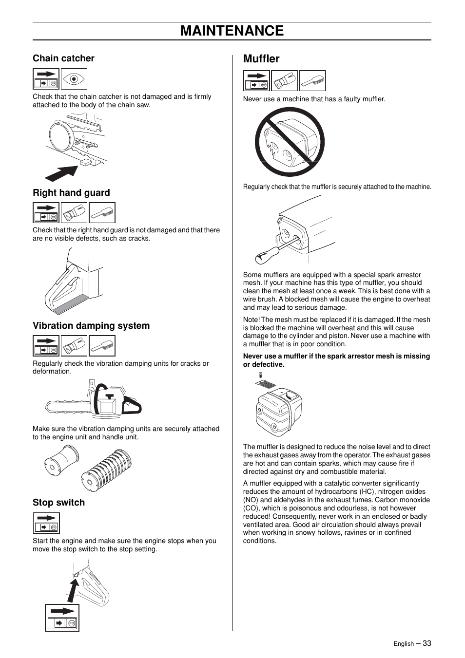 Chain catcher, Right hand guard, Vibration damping system | Stop switch, Muffler, Maintenance | Jonsered CS 2171 User Manual | Page 33 / 40